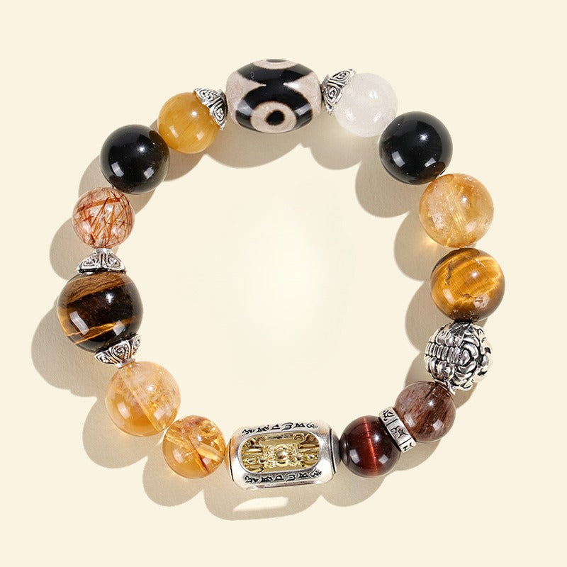 Tiger Eye Stone & Black Gold Super Seven Multi-Gem Beaded Bracelet | Original Design Three-Eyed Dzi Bead & Gold-Devouring Mythical Beast Crystal Jewelry