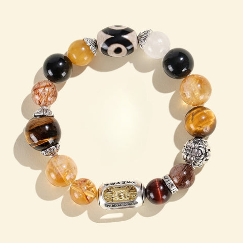 Tiger Eye Stone & Black Gold Super Seven Multi-Gem Beaded Bracelet | Original Design Three-Eyed Dzi Bead & Gold-Devouring Mythical Beast Crystal Jewelry