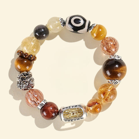 Tiger Eye Stone & Black Gold Super Seven Multi-Gem Beaded Bracelet | Original Design Three-Eyed Dzi Bead & Gold-Devouring Mythical Beast Crystal Jewelry
