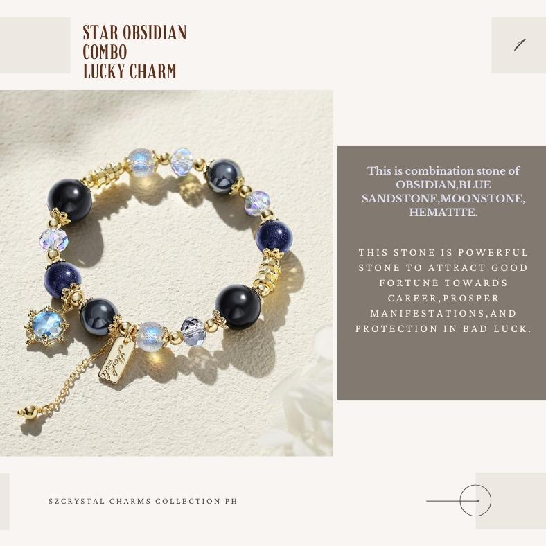 Obsidian Crystal Hand Chain for Ladies - Sparkling Black Gallstone and Dazzling Blue Sandstone Galaxy - inspired Jewelry