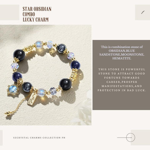 Obsidian Crystal Hand Chain for Ladies - Sparkling Black Gallstone and Dazzling Blue Sandstone Galaxy - inspired Jewelry