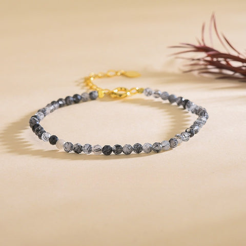 Natural Black Rutilated Quartz 3mm Bracelet Ultra-Fine Faceted Bead Bracelet Crystal Bracelet Sweet Style Niche Original DIY Bracelet