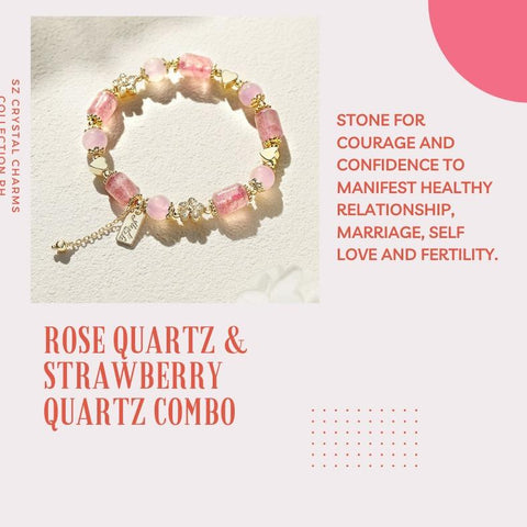 Sweet Strawberry Quartz Bracelet for Women - Pink Crystal 3D Little Hearts, Love at First Sight Hand Jewelry