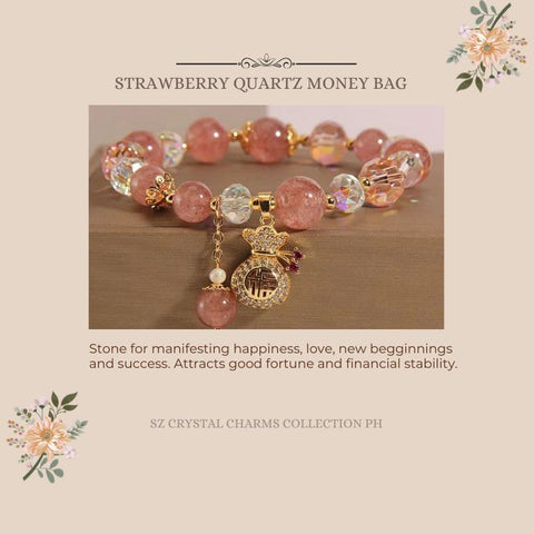 Strawberry Quartz Beaded Hand Chain for Females - Natural Stone with Unique Money - bag Pendant, High - end Niche Jewelry