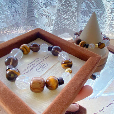Maillard Style Crystal Bracelet – Yellow Tiger Eye, White Acai, Agarwood & Obsidian Beads for Autumn Winter