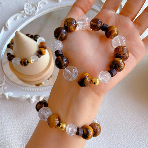 Maillard Style Crystal Bracelet – Yellow Tiger Eye, White Acai, Agarwood & Obsidian Beads for Autumn Winter