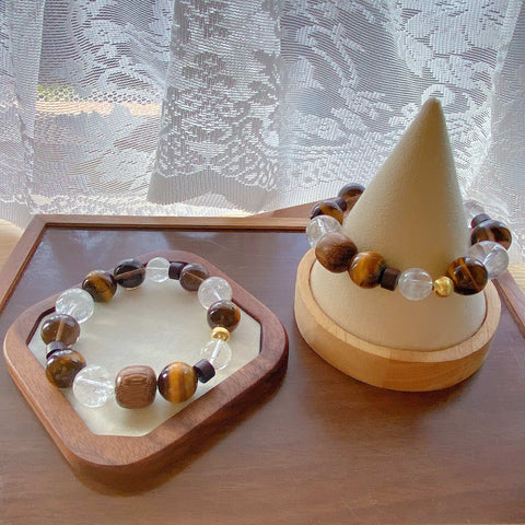 Maillard Style Crystal Bracelet – Yellow Tiger Eye, White Acai, Agarwood & Obsidian Beads for Autumn Winter