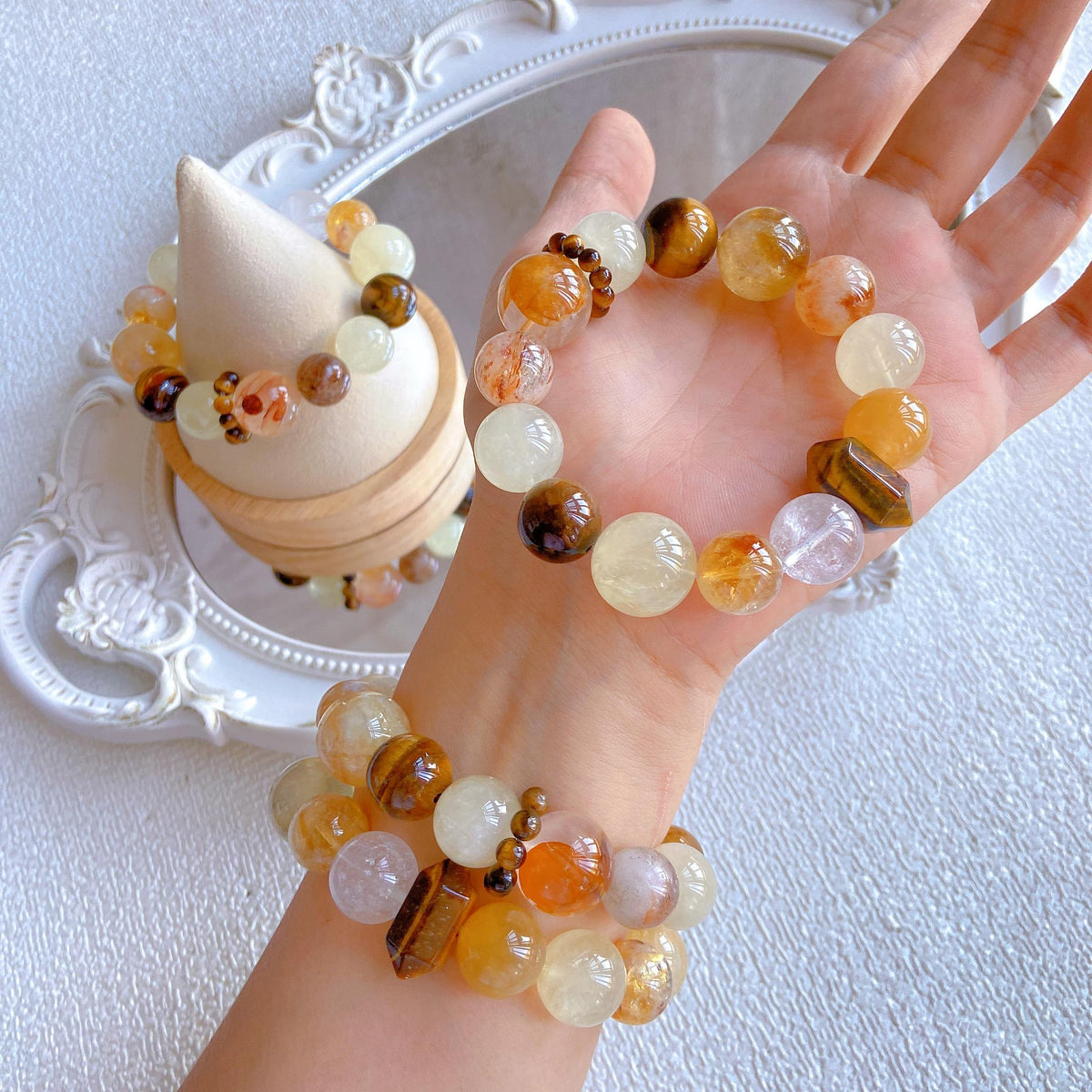 Caramel Time Crystal Bracelet – Yellow Tower, Tiger Eye, Citrine, Super Seven & Phantom Quartz Healing Jewelry