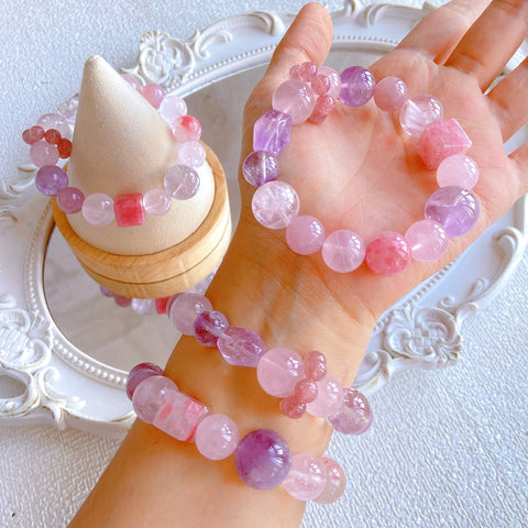 Lavender Amethyst & Strawberry Quartz Bracelet – Sakura Rain, Phantom, White Acai & Rose Crystal Healing Jewelry