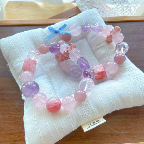 Lavender Amethyst & Strawberry Quartz Bracelet – Sakura Rain, Phantom, White Acai & Rose Crystal Healing Jewelry