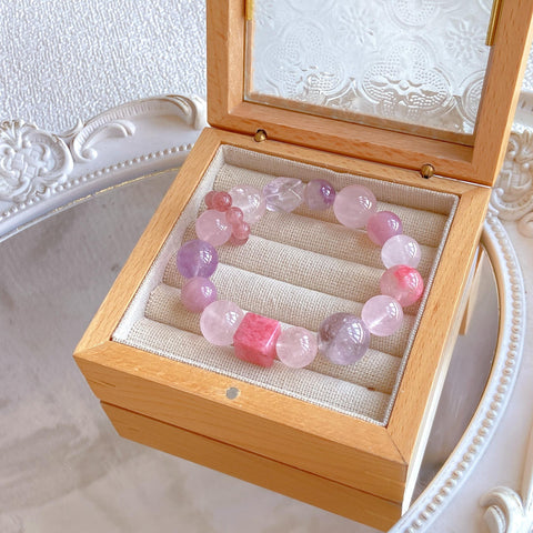 Lavender Amethyst & Strawberry Quartz Bracelet – Sakura Rain, Phantom, White Acai & Rose Crystal Healing Jewelry