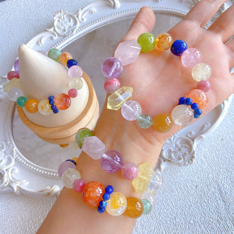 Multicolor Crystal Energy Bracelet – Red Flower, Citrine, Fluorite, Lapis Lazuli, Amethyst & Rose Quartz Healing Jewelry