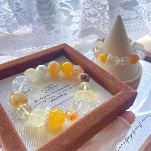 Golden Citrine & Yellow Agate Bracelet – Large Beads with Clear Quartz, Tower Crystal & Yellow Flower Healing Jewelry