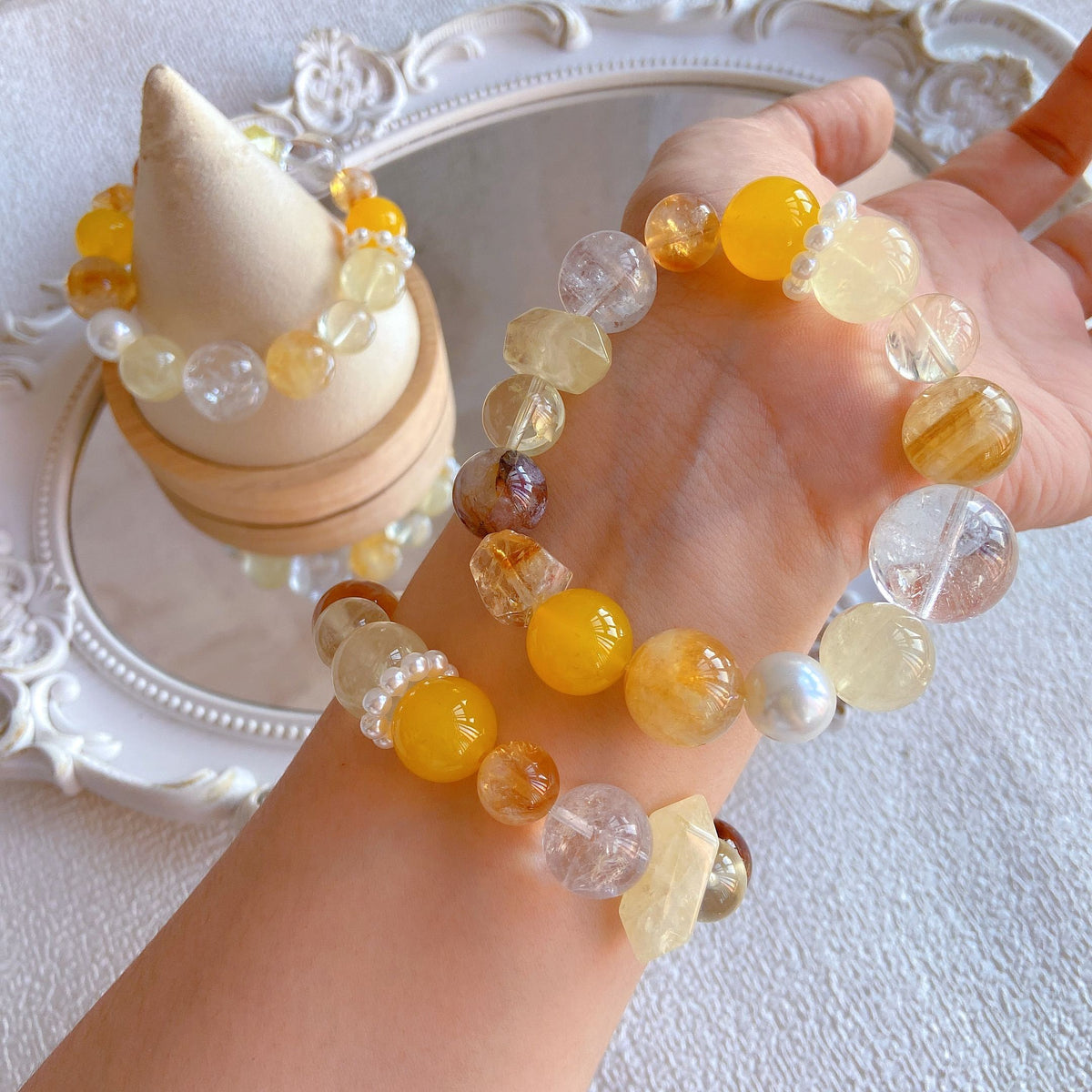 Golden Citrine & Yellow Agate Bracelet – Large Beads with Clear Quartz, Tower Crystal & Yellow Flower Healing Jewelry