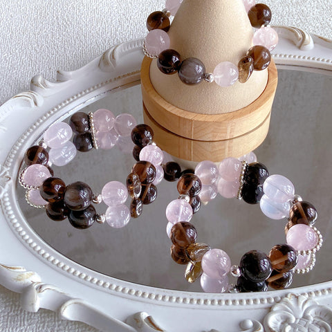 Icy Pink Crystal & Obsidian Bracelet – Large Beads with Smoky Quartz, Unique Sweet Cool Healing Jewelry