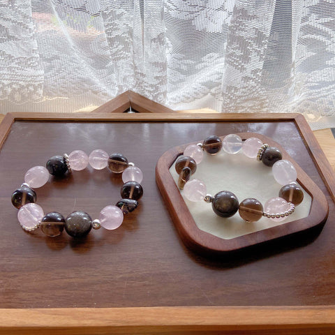 Icy Pink Crystal & Obsidian Bracelet – Large Beads with Smoky Quartz, Unique Sweet Cool Healing Jewelry