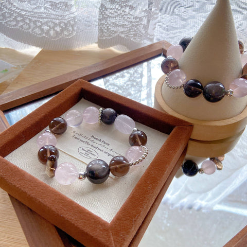 Icy Pink Crystal & Obsidian Bracelet – Large Beads with Smoky Quartz, Unique Sweet Cool Healing Jewelry