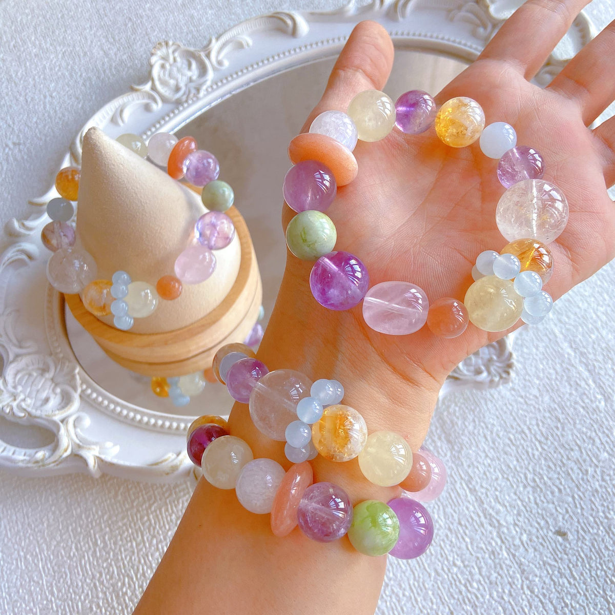 Large Bead Multicolor Crystal Bracelet – Amethyst, Citrine, Moonstone, Blue Chalcedony & White Acai Healing Jewelry