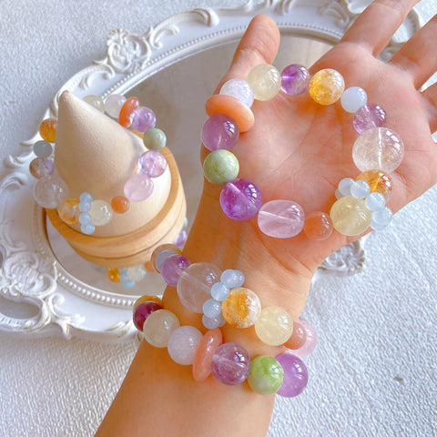 Large Bead Multicolor Crystal Bracelet – Amethyst, Citrine, Moonstone, Blue Chalcedony & White Acai Healing Jewelry