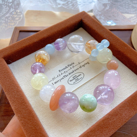 Large Bead Multicolor Crystal Bracelet – Amethyst, Citrine, Moonstone, Blue Chalcedony & White Acai Healing Jewelry