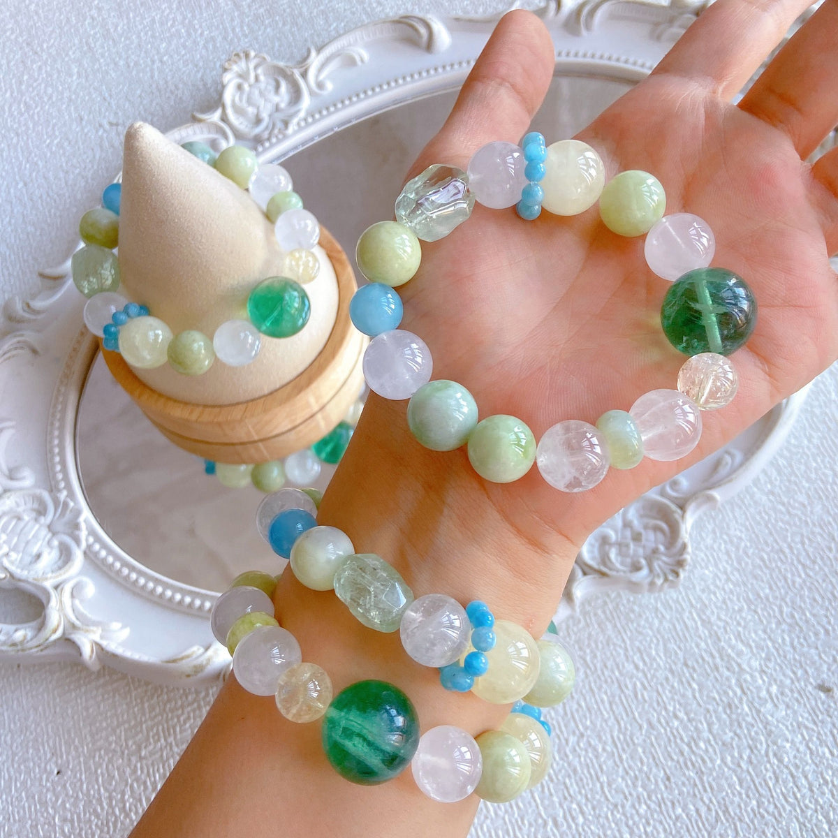 Green Fluorite & Aquamarine Crystal Bracelet – Citrine, White Phantom, Jade & Green Quartz Healing Jewelry