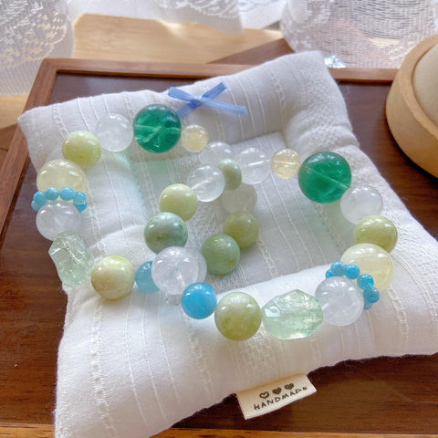Green Fluorite & Aquamarine Crystal Bracelet – Citrine, White Phantom, Jade & Green Quartz Healing Jewelry
