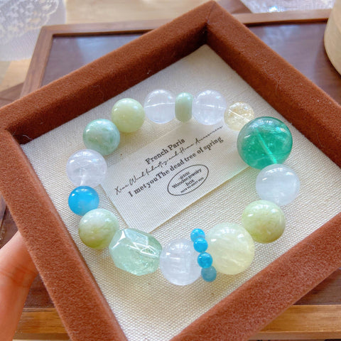 Green Fluorite & Aquamarine Crystal Bracelet – Citrine, White Phantom, Jade & Green Quartz Healing Jewelry
