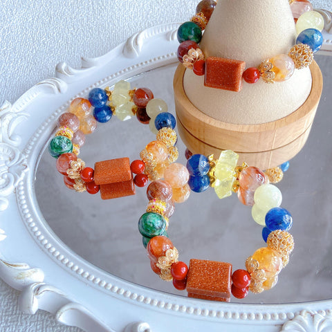 Large Bead Multicolor Crystal Bracelet – Gold Sandstone, Emerald Quartz, Cinnabar, Citrine, Kyanite & Super Seven Healing Jewelry