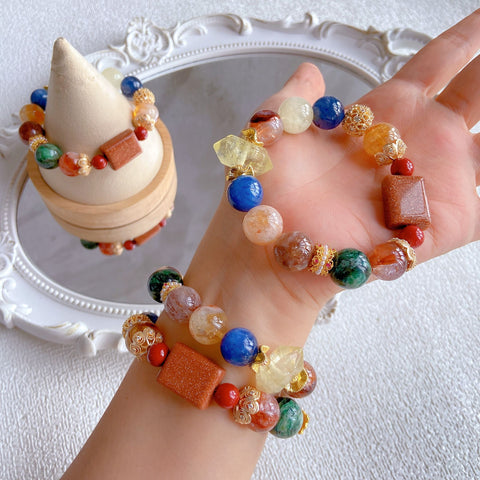 Large Bead Multicolor Crystal Bracelet – Gold Sandstone, Emerald Quartz, Cinnabar, Citrine, Kyanite & Super Seven Healing Jewelry