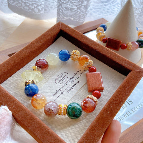 Large Bead Multicolor Crystal Bracelet – Gold Sandstone, Emerald Quartz, Cinnabar, Citrine, Kyanite & Super Seven Healing Jewelry