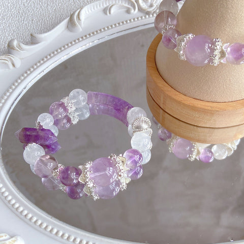 Amethyst & Clear Quartz Half-Bangle Bracelet – Uruguayan Amethyst Points, Handmade 11–13mm Crystal Jewelry