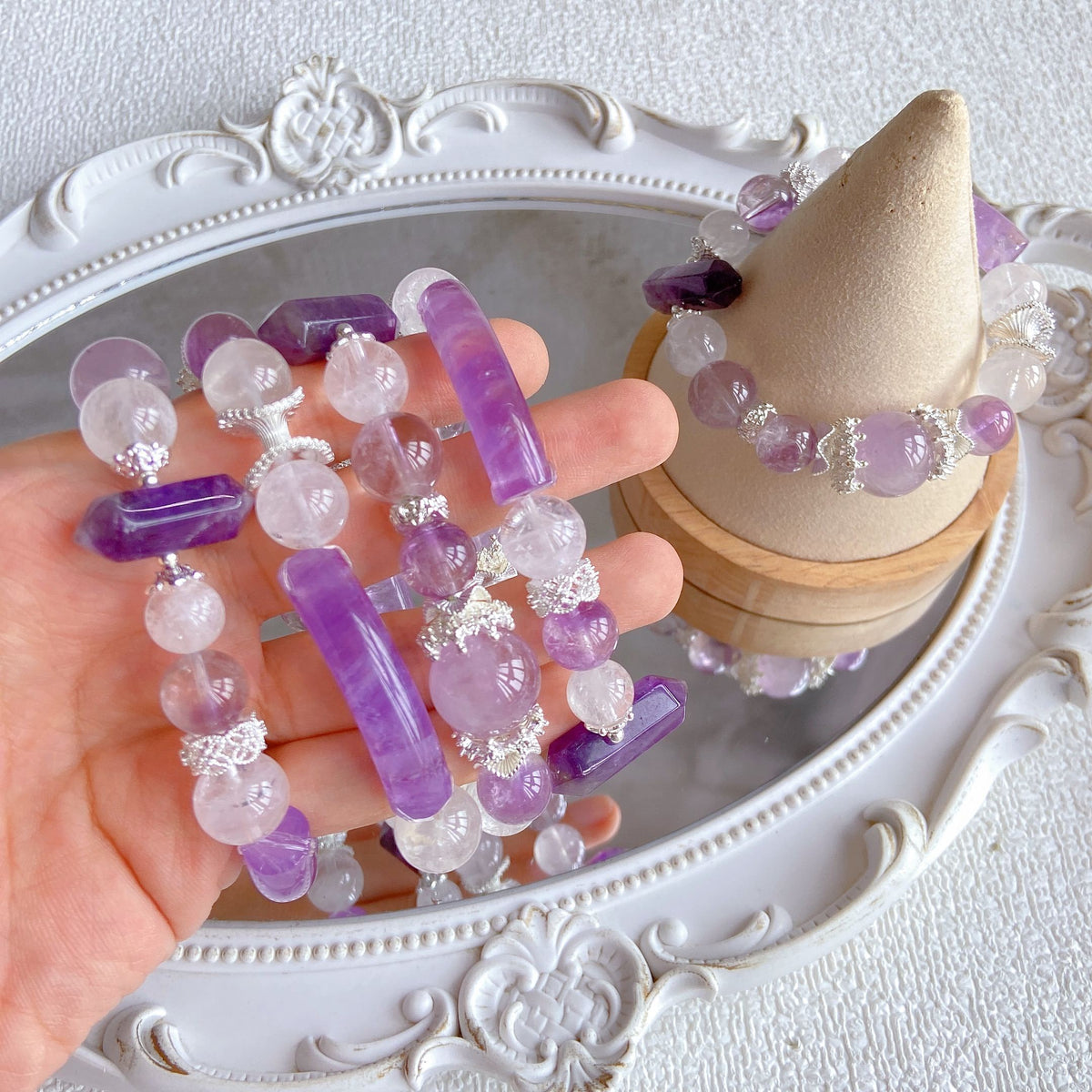 Amethyst & Clear Quartz Half-Bangle Bracelet – Uruguayan Amethyst Points, Handmade 11–13mm Crystal Jewelry