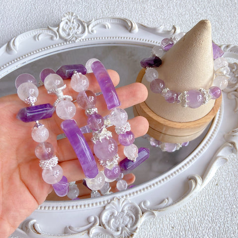 Amethyst & Clear Quartz Half-Bangle Bracelet – Uruguayan Amethyst Points, Handmade 11–13mm Crystal Jewelry