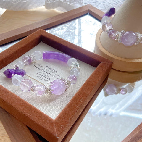 Amethyst & Clear Quartz Half-Bangle Bracelet – Uruguayan Amethyst Points, Handmade 11–13mm Crystal Jewelry