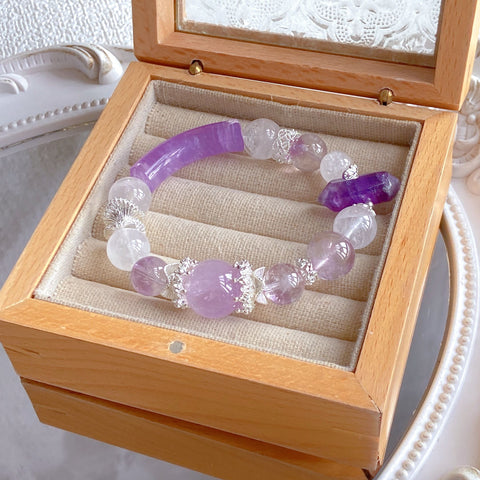 Amethyst & Clear Quartz Half-Bangle Bracelet – Uruguayan Amethyst Points, Handmade 11–13mm Crystal Jewelry
