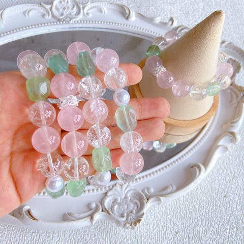 Fluorite & Rose Quartz Bracelet – Natural White Acai Beads 12–13mm, Fresh Forest Healing Crystal Jewelry
