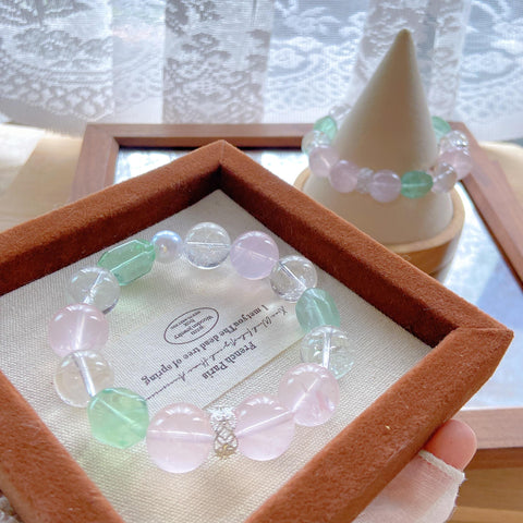 Fluorite & Rose Quartz Bracelet – Natural White Acai Beads 12–13mm, Fresh Forest Healing Crystal Jewelry