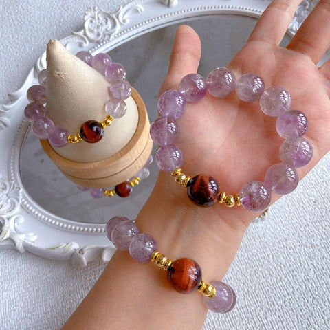 Large Bead Purple Crystal Bracelet – Smoky Amethyst Tower with Red Tiger Eye, Rare 15mm+ Healing Jewelry