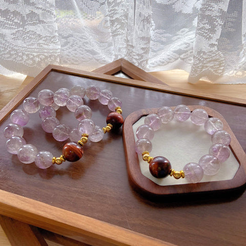 Large Bead Purple Crystal Bracelet – Smoky Amethyst Tower with Red Tiger Eye, Rare 15mm+ Healing Jewelry