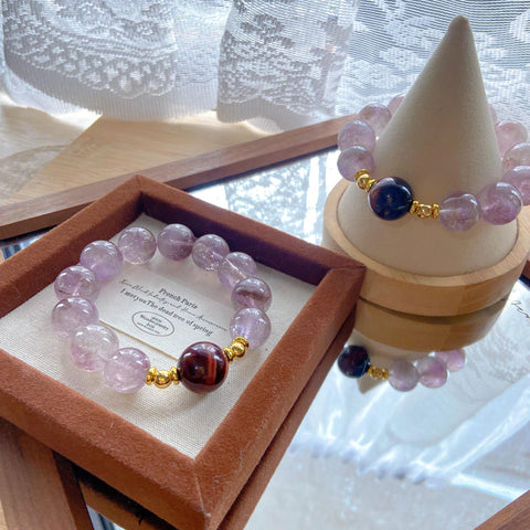 Large Bead Purple Crystal Bracelet – Smoky Amethyst Tower with Red Tiger Eye, Rare 15mm+ Healing Jewelry
