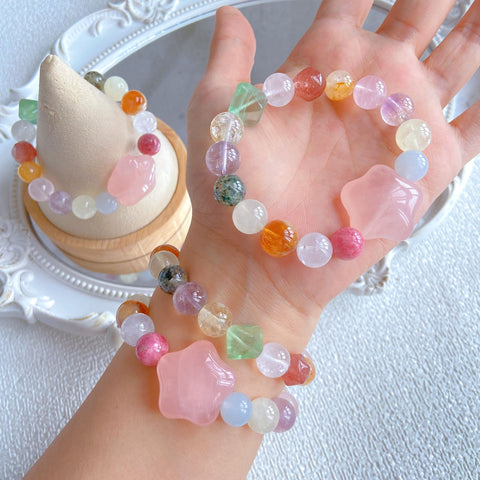 Lucky Star Crystal Bracelet – Oversized Rose Quartz Star 26mm with Citrine, Fluorite, Amethyst & Strawberry Quartz Healing Jewelry