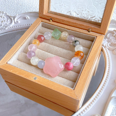 Lucky Star Crystal Bracelet – Oversized Rose Quartz Star 26mm with Citrine, Fluorite, Amethyst & Strawberry Quartz Healing Jewelry