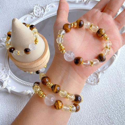 Golden Tiger Eye & Citrine Bracelet – Faceted Lemon Quartz with White Acai Beads, European Style Healing Jewelry