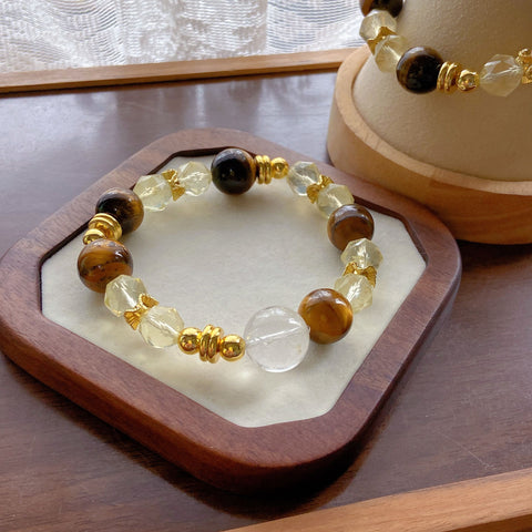 Golden Tiger Eye & Citrine Bracelet – Faceted Lemon Quartz with White Acai Beads, European Style Healing Jewelry