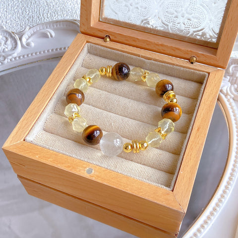 Golden Tiger Eye & Citrine Bracelet – Faceted Lemon Quartz with White Acai Beads, European Style Healing Jewelry
