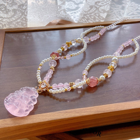 Pink Crystal Fox Pendant Necklace – Strawberry Quartz, Multi-Layer Pearl & White Crystal Long Chain