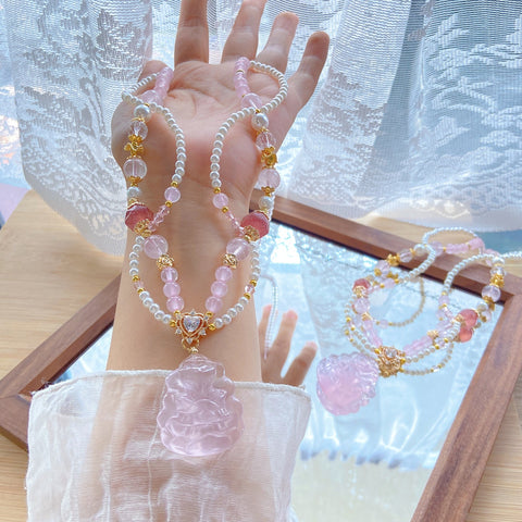 Pink Crystal Fox Pendant Necklace – Strawberry Quartz, Multi-Layer Pearl & White Crystal Long Chain