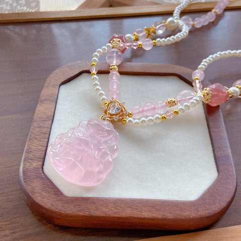 Pink Crystal Fox Pendant Necklace – Strawberry Quartz, Multi-Layer Pearl & White Crystal Long Chain