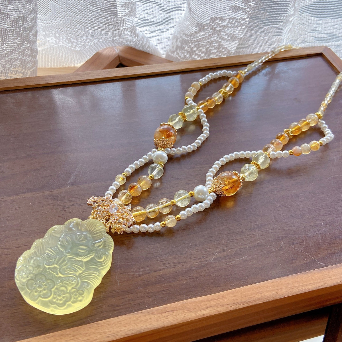 Citrine Fox Pendant Necklace – Lemon Quartz, Yellow Tower Crystal, Pearl & White Crystal Beads