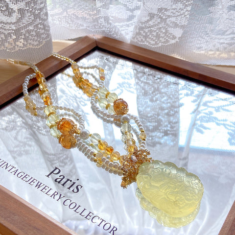 Citrine Fox Pendant Necklace – Lemon Quartz, Yellow Tower Crystal, Pearl & White Crystal Beads